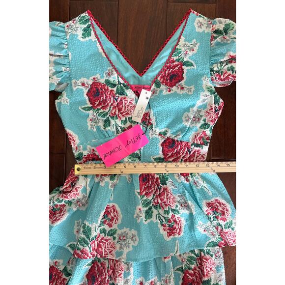 Betsy Johnson Rose Garden Seersucker Zip Front Mini Dress Aqua Floral size Small - Picture 8 of 13